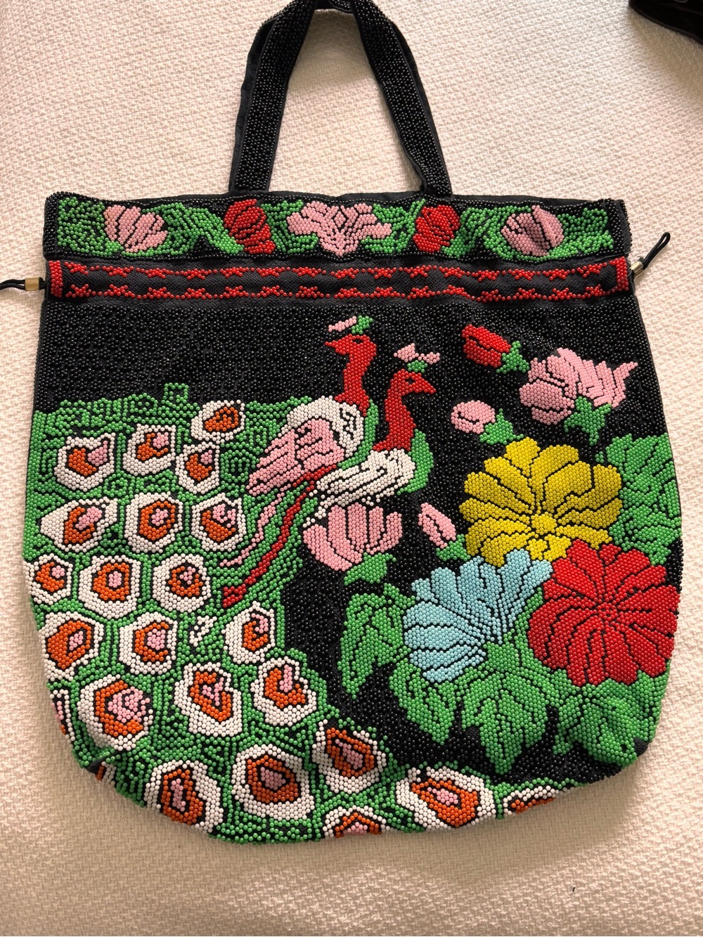 Vintage 70s Neon Beaded Drawstring Bag Peacock Floral Handbag Hong Kong